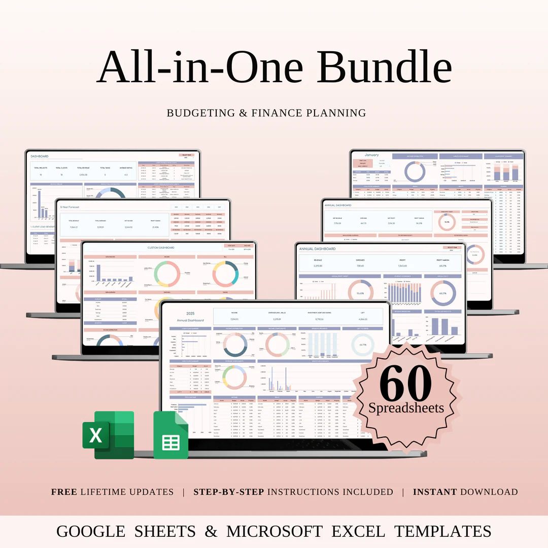 All-in-One Budgeting & | Bill and Payment Tracking Personal Budget and Finances | Business and Freelance | Holidays and Travel | Investing and Trading| Excel and Google Sheets | 450 Templates
