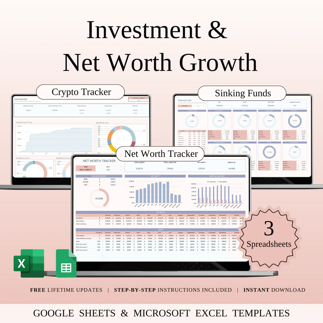Investment & Net Worth Growth | Excel and Google Sheets | 12 Templates