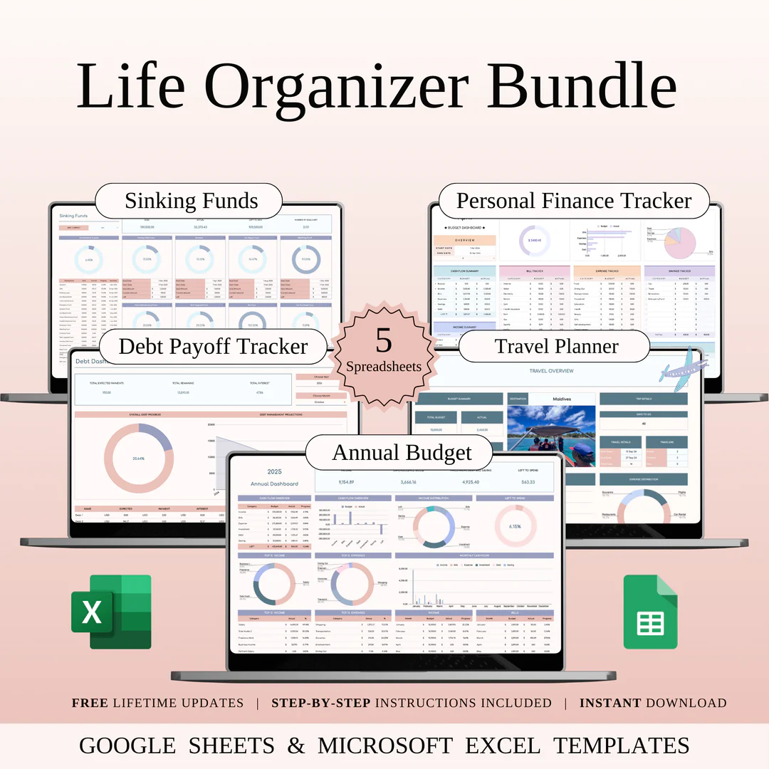 Life Organizer Bundle | Excel & Google Sheets | 20 Templates