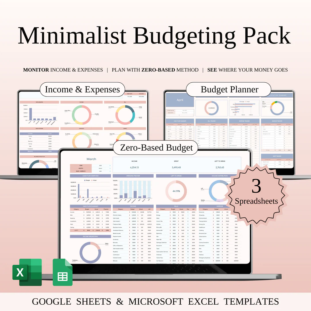 Minimalist Budgeting Pack | Excel & Google Sheets | 12 Templates
